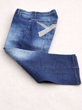 Men’s Bootcut Jeans Rhinestone V Pocket Medium Wash Denim Stretch Y2K